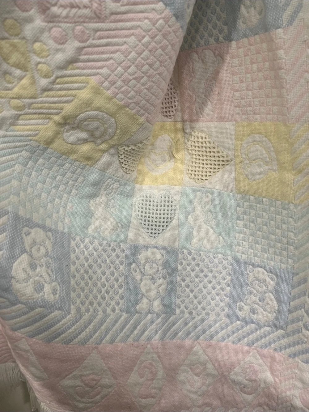 Vtg Pastel Woven Tapestry Baby Blanket Fringe Heart Bunny Bear ABC